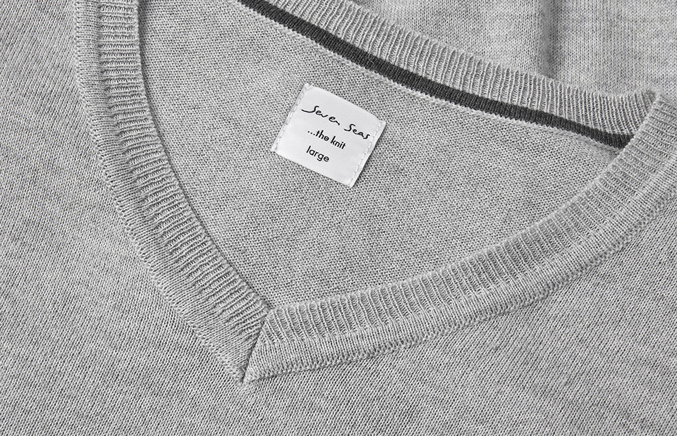 SEVEN SEAS Strik med V-hals, Herre - 50% Uld-Grå melange