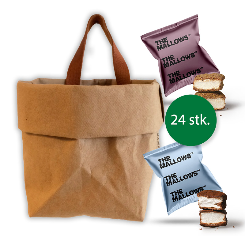 Håndlavet Paperbag med 24 stk. Økologiske The Mallows og Wally and Whiz vingummi  - 100% papirfiber