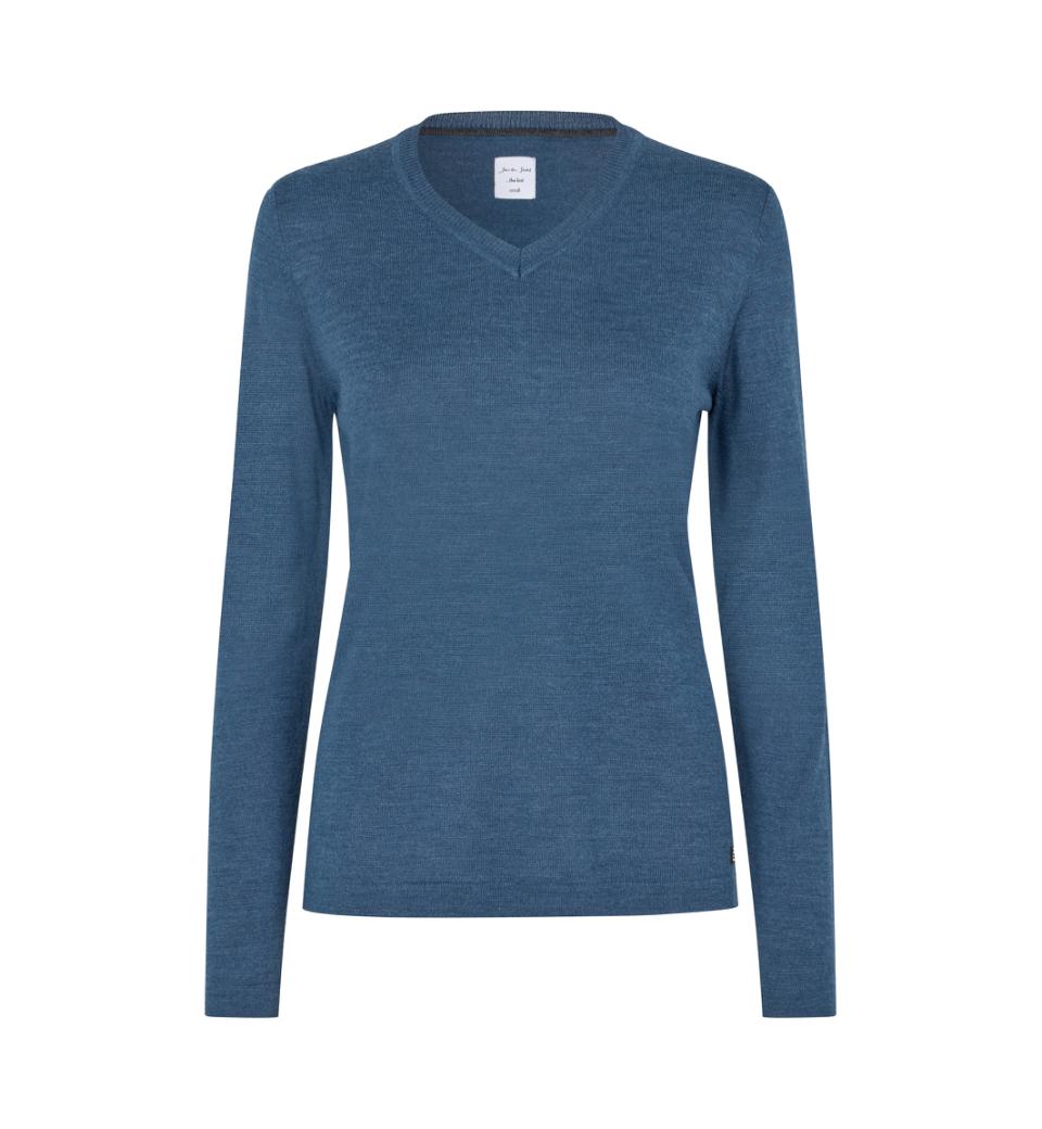 SEVEN SEAS Strik med V-hals, Dame - 50% Uld - Blå melange