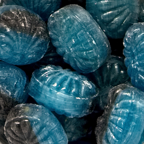 Danske Twistede Logo Veganske Bolsjer i komposterbar folie-Blå Jordbær, Lakrids, Peber