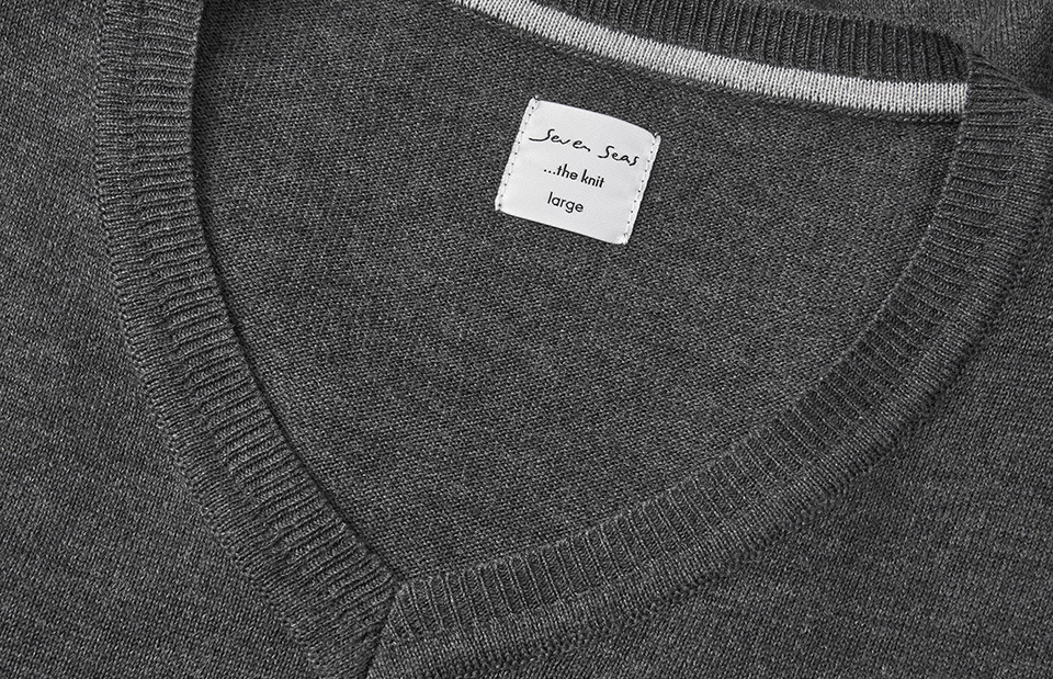 SEVEN SEAS Strik med V-hals, Herre - 50% Uld-Grå