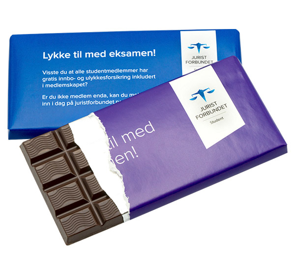 Chokoladeplader med logo 100 g. - Certificeret papir-50 % Mørk Chokolade