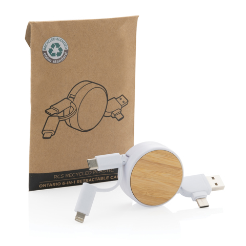 Ontario 6-i-1 optrækkelige kabel i RCS genanvendt plast,-Hvid