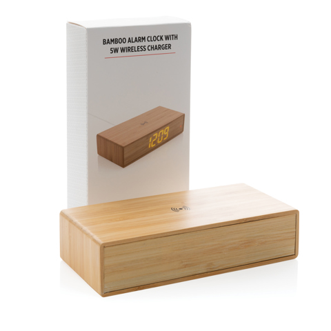 Bambus vækkeur med 5W trådløs oplader-Brun