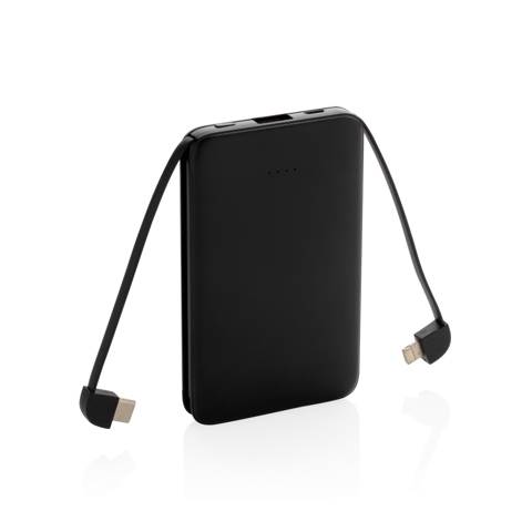 5.000 mAh lomme powerbank med integrerede kabler - BSCI-Sort