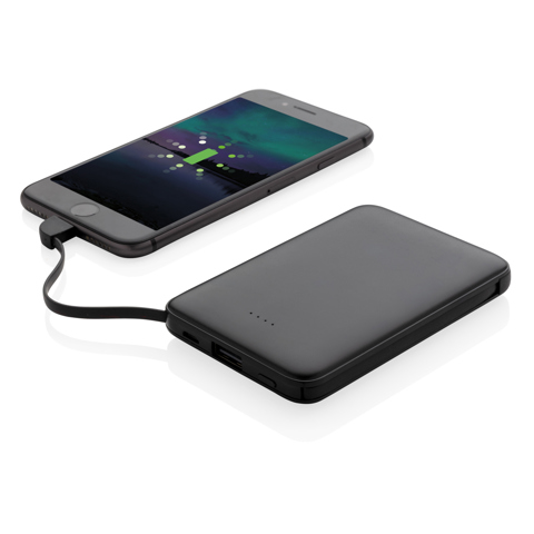 5.000 mAh lomme powerbank med integrerede kabler - BSCI-Sort