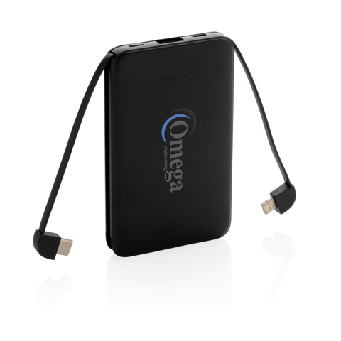 5.000 mAh lomme powerbank med integrerede kabler - BSCI-Sort