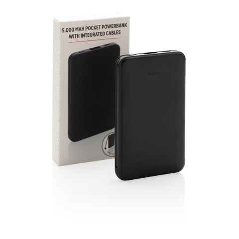 5.000 mAh lomme powerbank med integrerede kabler - BSCI-Sort