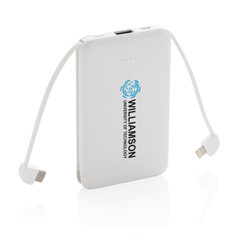 5.000 mAh lomme powerbank med integrerede kabler - BSCI-Hvid