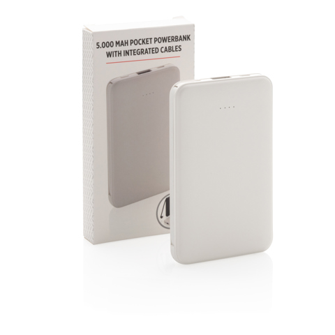 5.000 mAh lomme powerbank med integrerede kabler - BSCI-Hvid