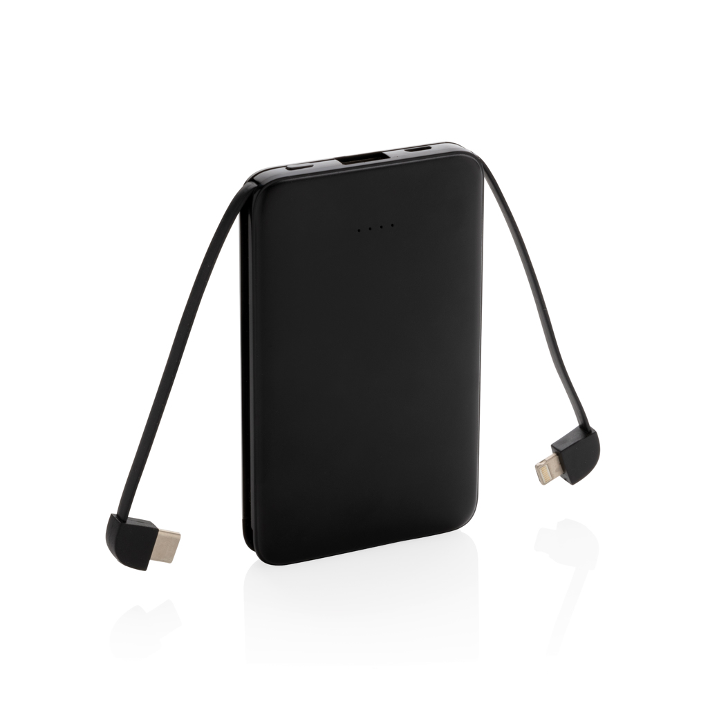 5.000 mAh lomme powerbank med integrerede kabler - BSCI-Sort