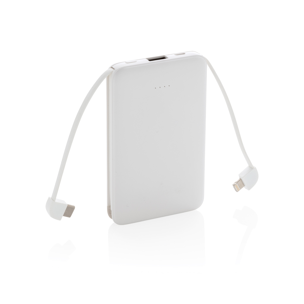 5.000 mAh lomme powerbank med integrerede kabler - BSCI-Hvid