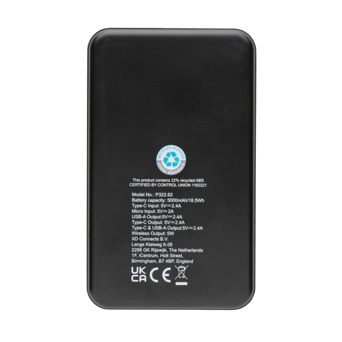 RCS genanvendt plastik wireless powerbank 5.000 mAh 5W-Sort