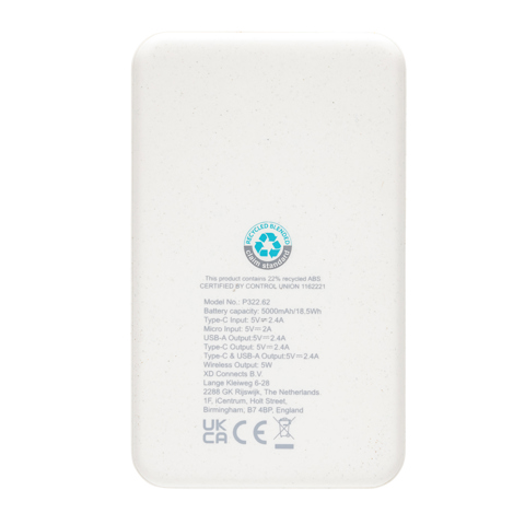 RCS genanvendt plastik wireless powerbank 5.000 mAh 5W-Hvid