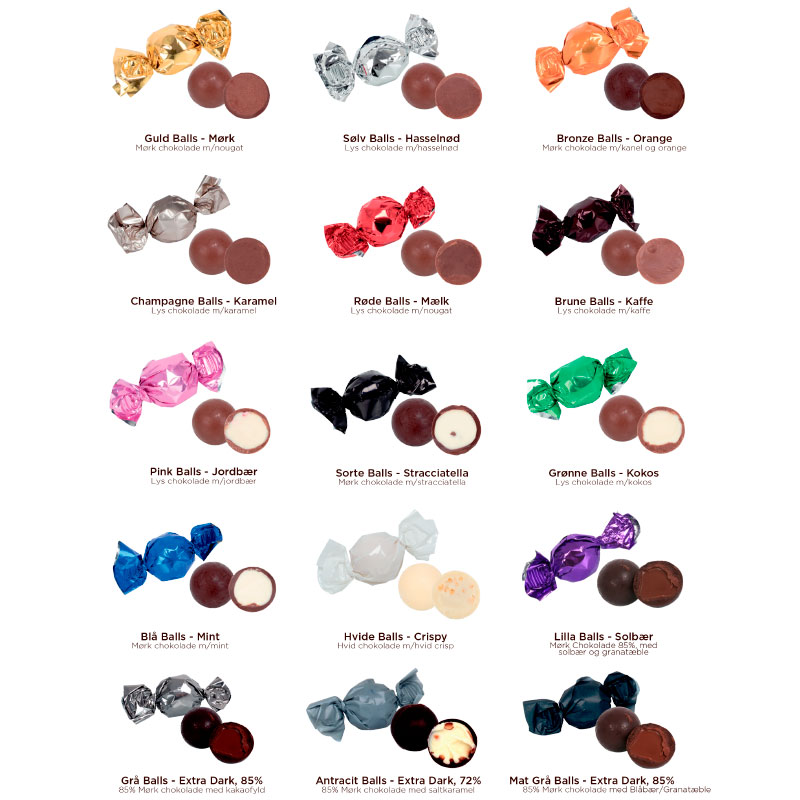 Mixede Chokoladekugler, 1100 g.-Smagsvarianter