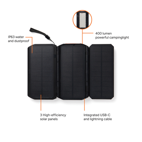 Nordic Drift Titan 10.000 mAh solcelle powerbank med 3 panel
